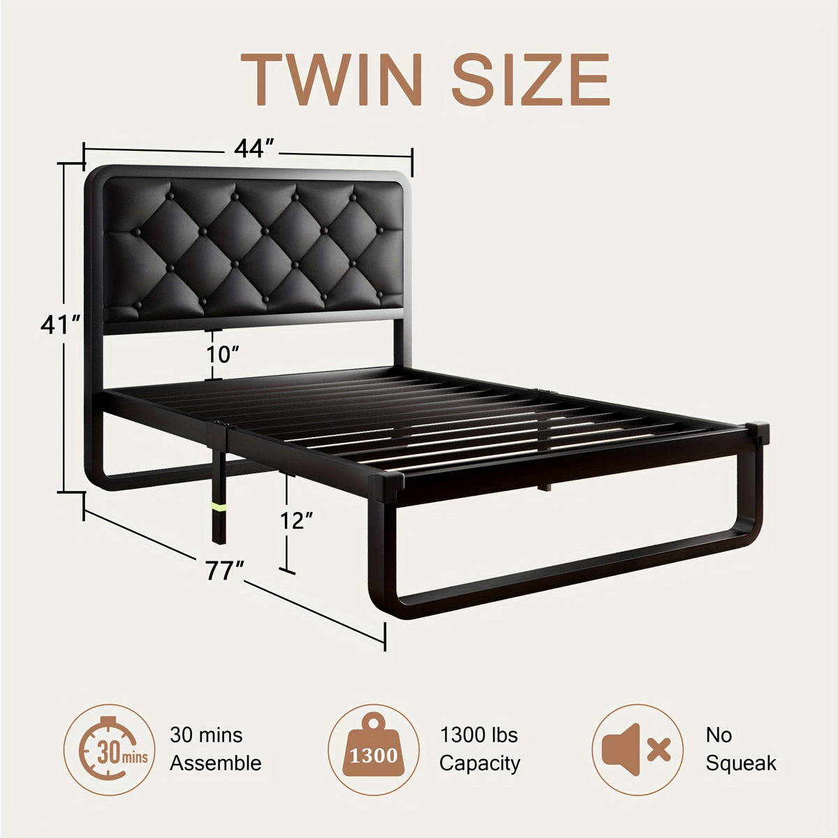 Sturdy Platform Bed Frame Featuring a Button-Tufted Headboard in Black Faux Leather Or Dark Grey Linen, Offering 12 Inches of Storage Space