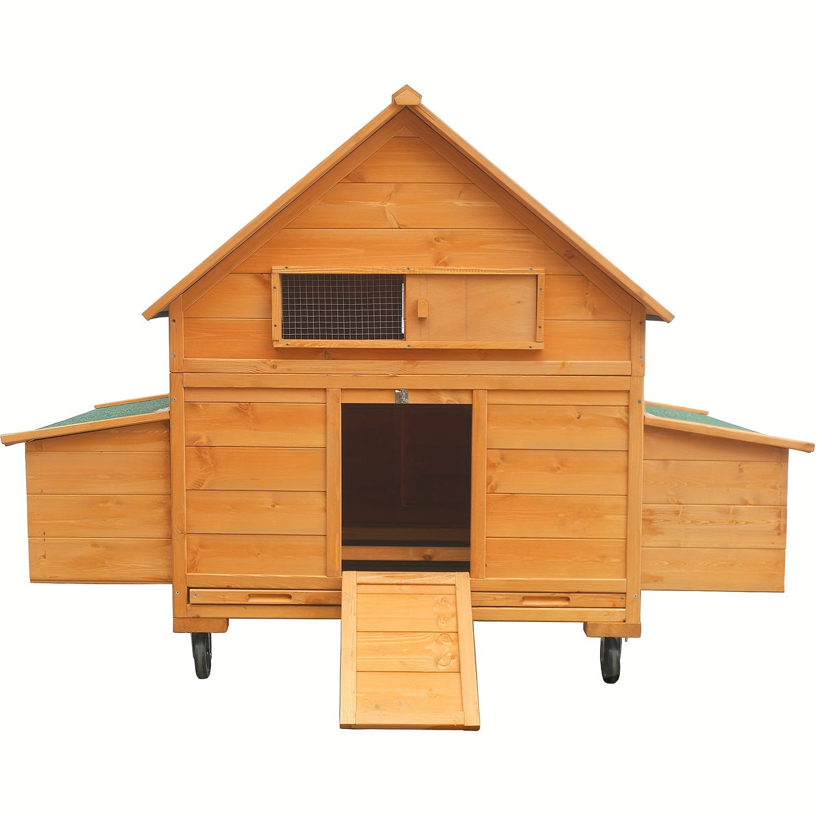 Large Chicken Coop with Wheels, Waterproof Outdoor Hen House for 6-8 Chickens, Movable Chicken House with Two Nesting Boxes, Removable Tray, PVC Cover, Wooden Duck Coop Rabbit Hutch
