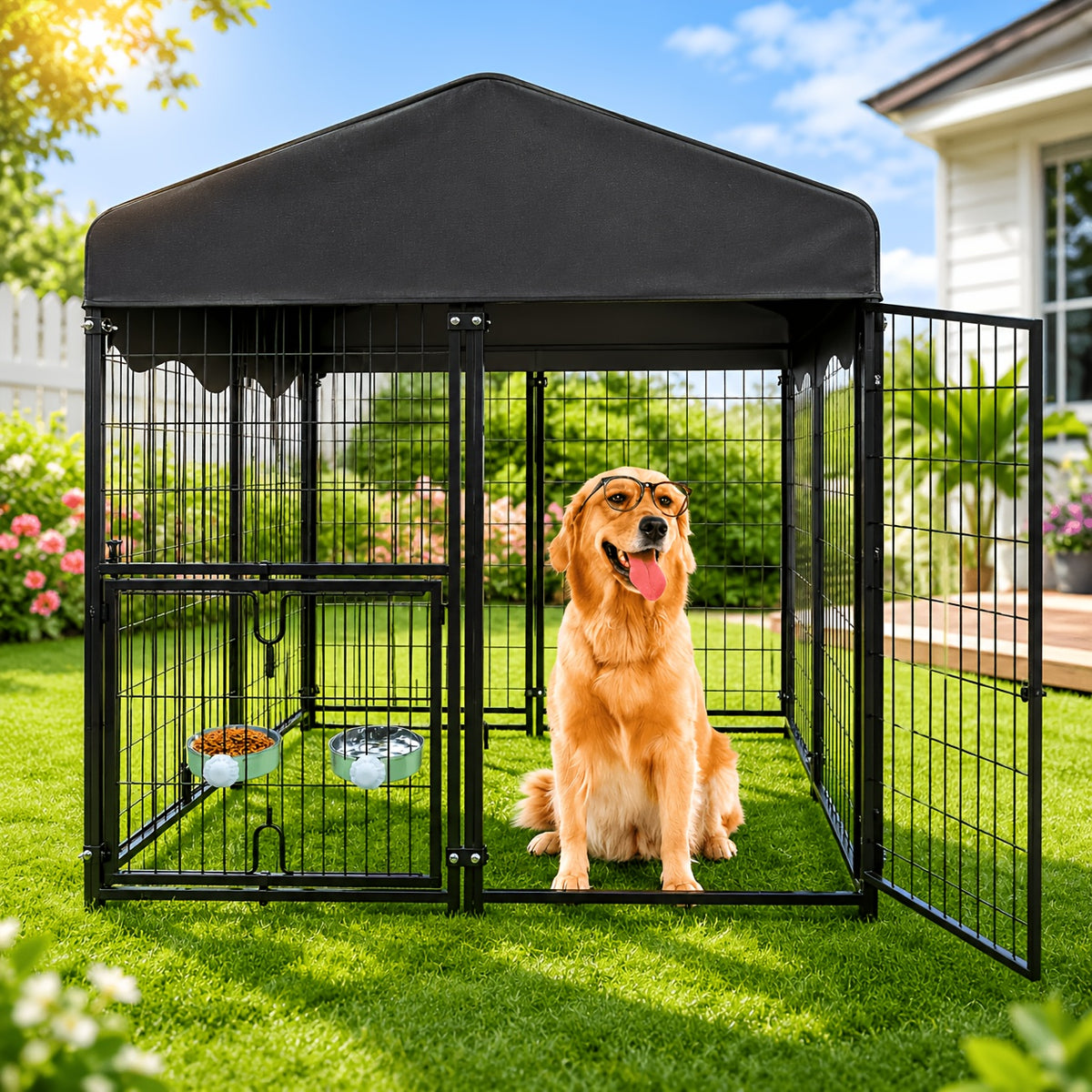 6.2'X4'X4.5' Outdoor Dog Kennel W/ Roof - Heavy Duty Welded Wire Enclosure, Uv/ Cover, Escape-Proof Lock, Easy Access Door & Built-In Bowl for Dogs, Cats, Chickens, Ducks - Backyard, Patio Use