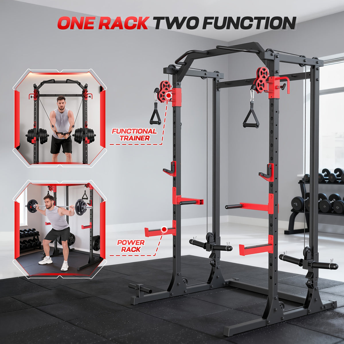 Power Cage, Multi-Functional Power Racks for Home Gym with Dual Pulley Systems, 2000 LBS Weight Capacity Fitness Squat Rack for Strength Workout with More Training Attachment Optional Weight Bench Weight Plates and Barbells Not Included