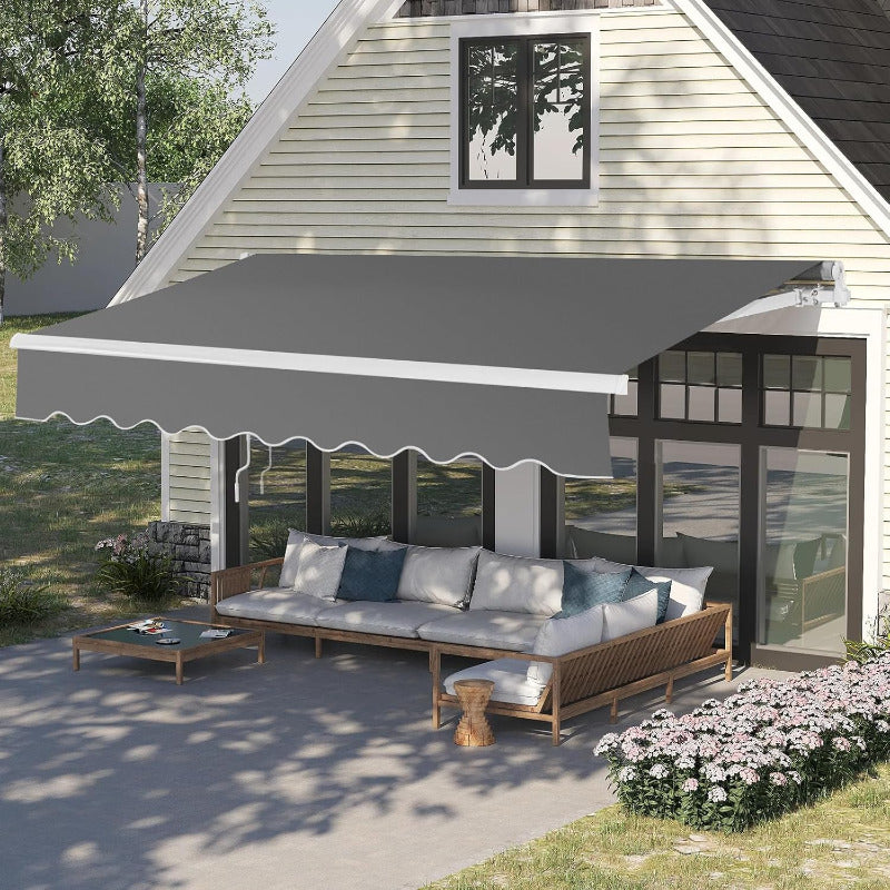 Bonnlo 12x10 FT Grey Polyester Patio Awning Canopy UV Water Resistant Outdoor Retractable Sunshade Shelter with Manual Crank Handle