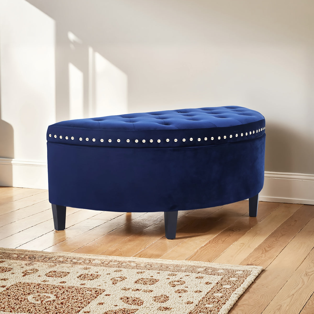 43.5" Velvet Storage Bench with Button Tufting Rivet Details Half Moon Ottoman for Living Room, Bedroom, Or Entryway Sturdy Hardwood Frame, Hidden Storage, Elegant Design, Living Room Seating Elegant Velvet Bench Velvet Upholstery, Bench for Bedroom