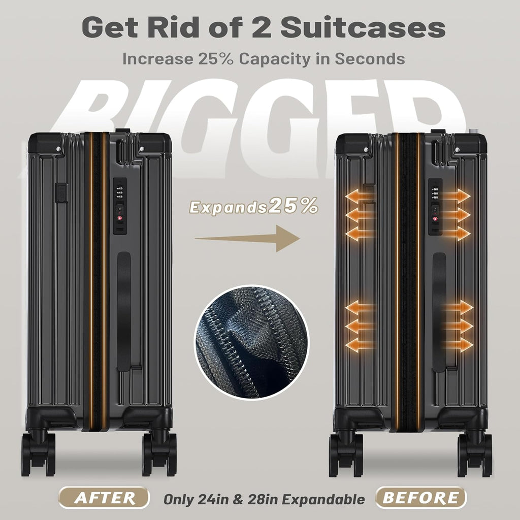 OYEROL 3pcs Hardshell Luggage Set, 20/ 24/ 28 Inch Lightweight ABS+PC Suitcase with TSA Lock, 360° Double Spinner Wheels, Expandable Design for Men & Women Travel, Black