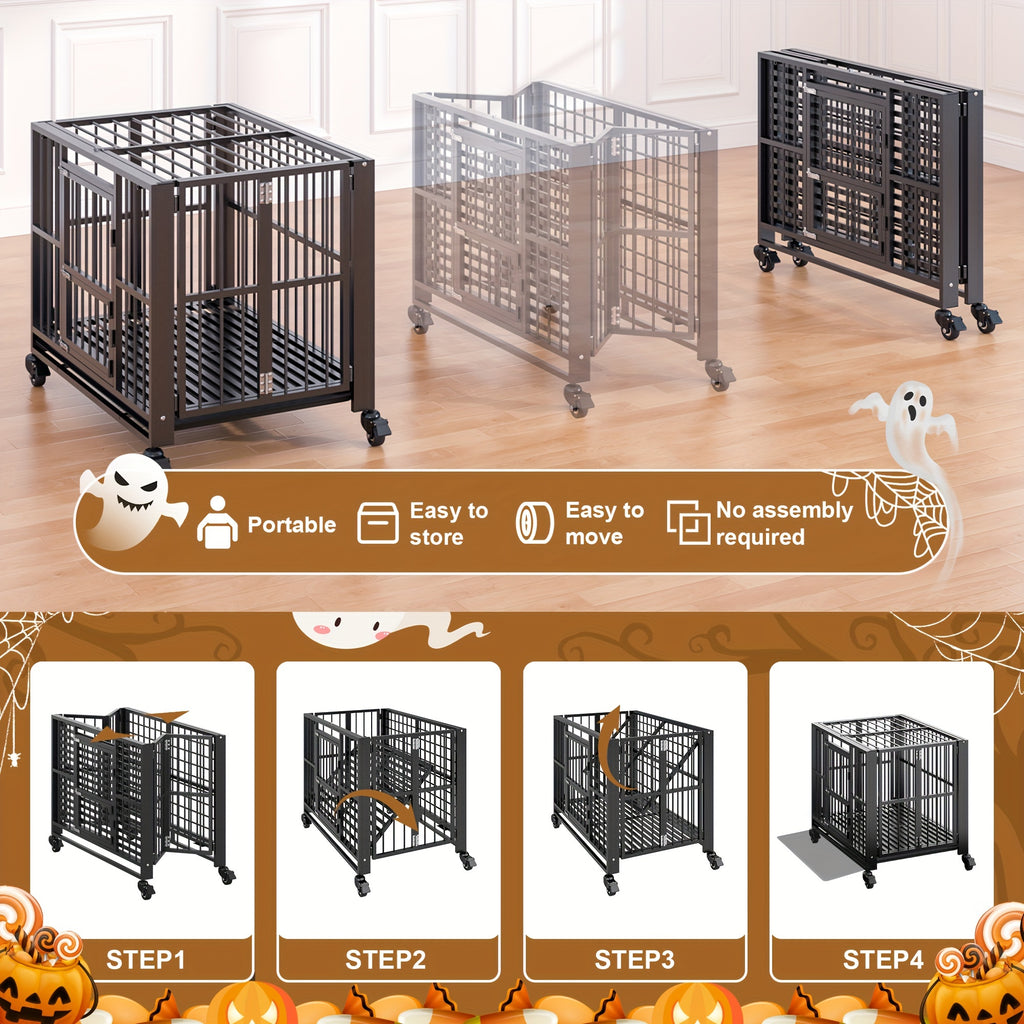 43/38 Inch Heavy Duty Dog Crate, Folding Dog Kennel No Assembly, Escape Proof Large Dog Cage Kennel With Lockable Wheels, High Anxiety Pet Playpen With Double Door Indoor/outdoor.
