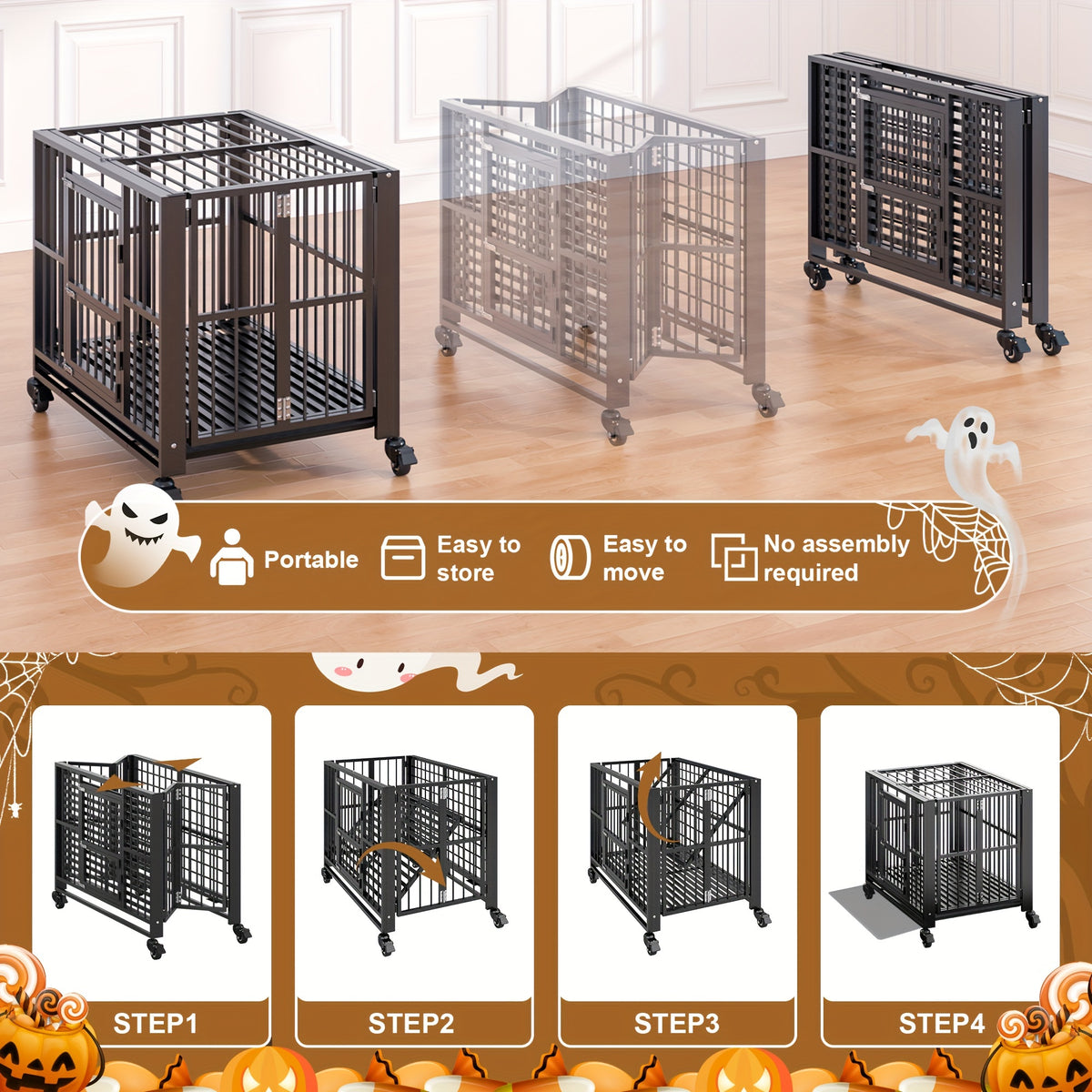 43/38 Inch Heavy Duty Dog Crate, Folding Dog Kennel No Assembly, Escape Proof Large Dog Cage Kennel With Lockable Wheels, High Anxiety Pet Playpen With Double Door Indoor/outdoor.