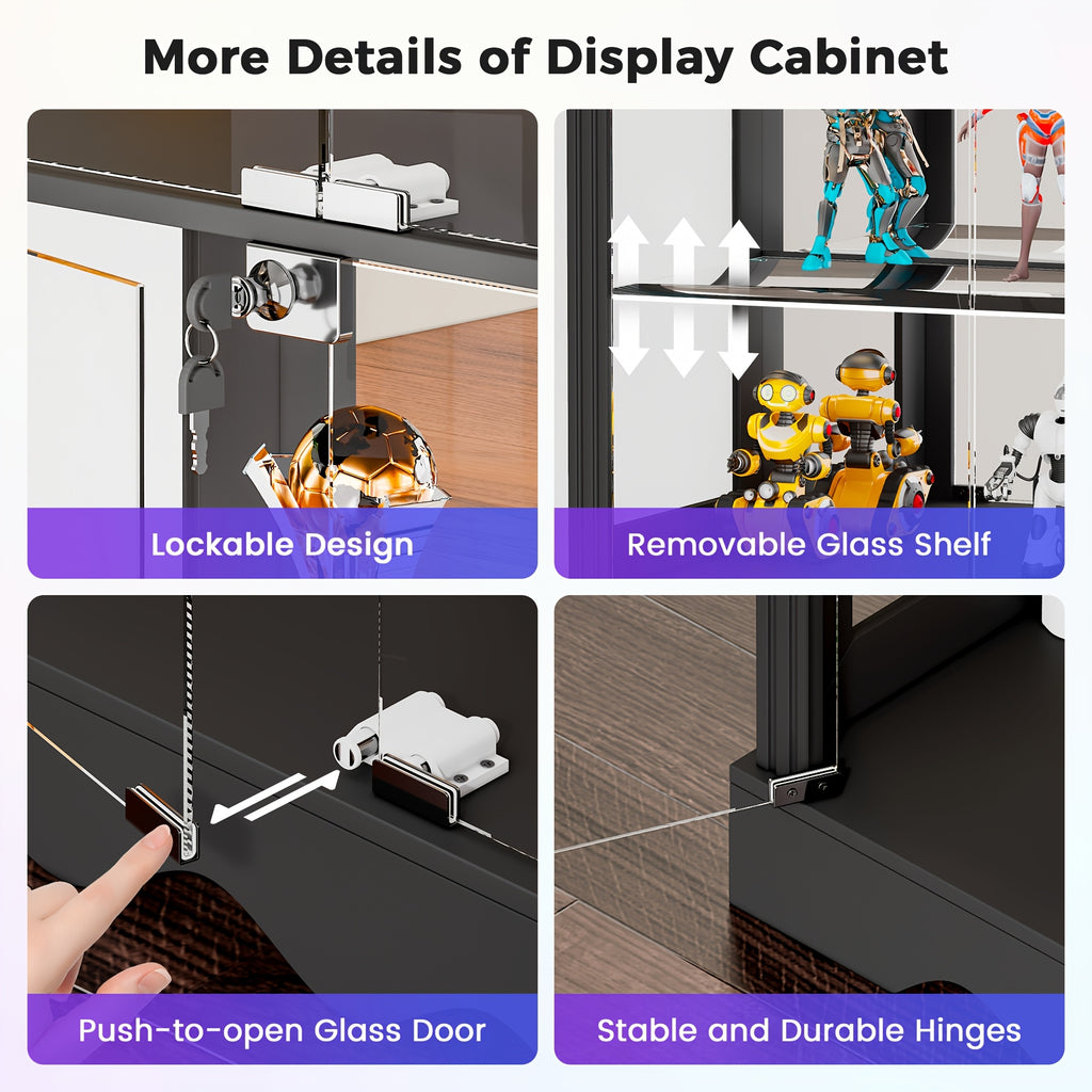 Display Cabinet with Glass Doors, 71'' Tall Curio Cabinet with RGB Lights for Collectibles, LED Display Case with Removable Shelf for Book/Medal/Figure, Black And White