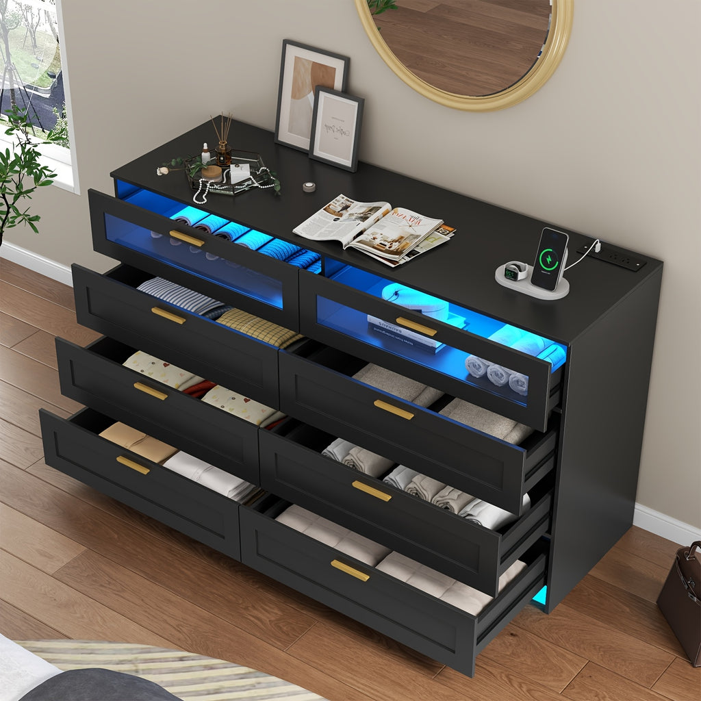 8-Drawer Dresser, Bedroom 8-Tier Drawer Dressing Table, Drawer Storage Cabinet with Power Outlet and LED Lights, Wardrobe Storage and Organization Function, Home Furniture, Living Room Furniture, Storage Drawer Units