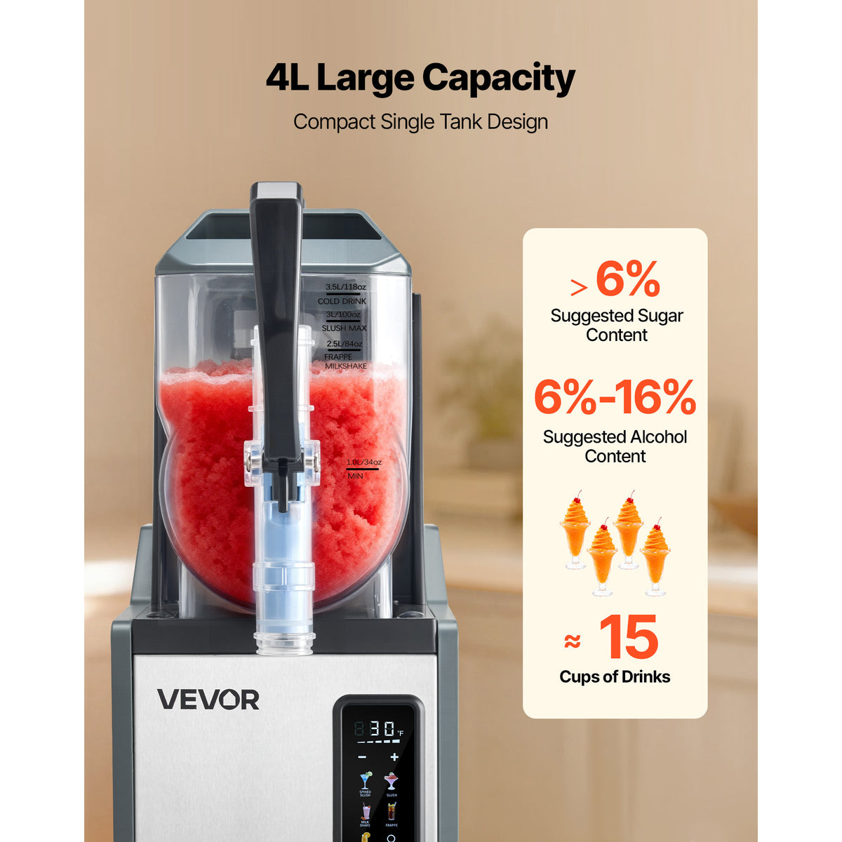 VEVOR Slushie Machine, 4L/135oz No Ice Needed Slushy Machine for Home, Frozen Drink Maker with Single Tank, Margarita Machine with Self-Cleaning, for Frozen Margaritas, Frappés, Milkshake & More