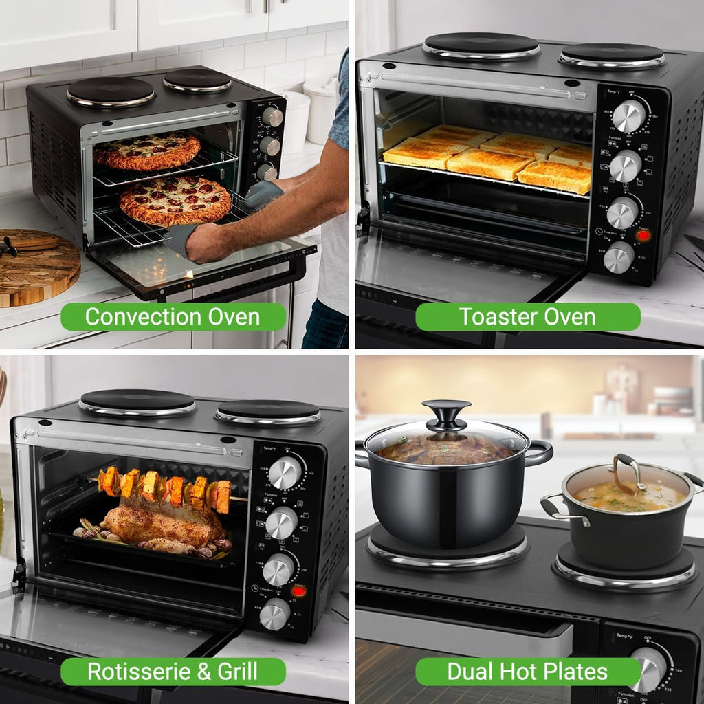 Multi-Function Convection Oven - Counter Top Rotisserie Toaster Oven Convection Cooker with Dual Food Warming Hot Plates