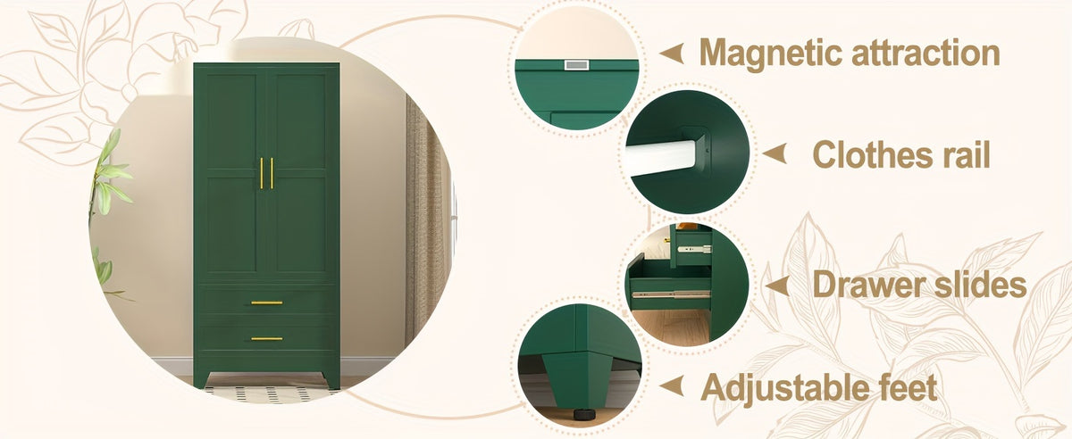 Mxa 71.39 "H metal storage cabinet with armrests, 2 drawers, adjustable shelves, clothesline, and home wardrobe