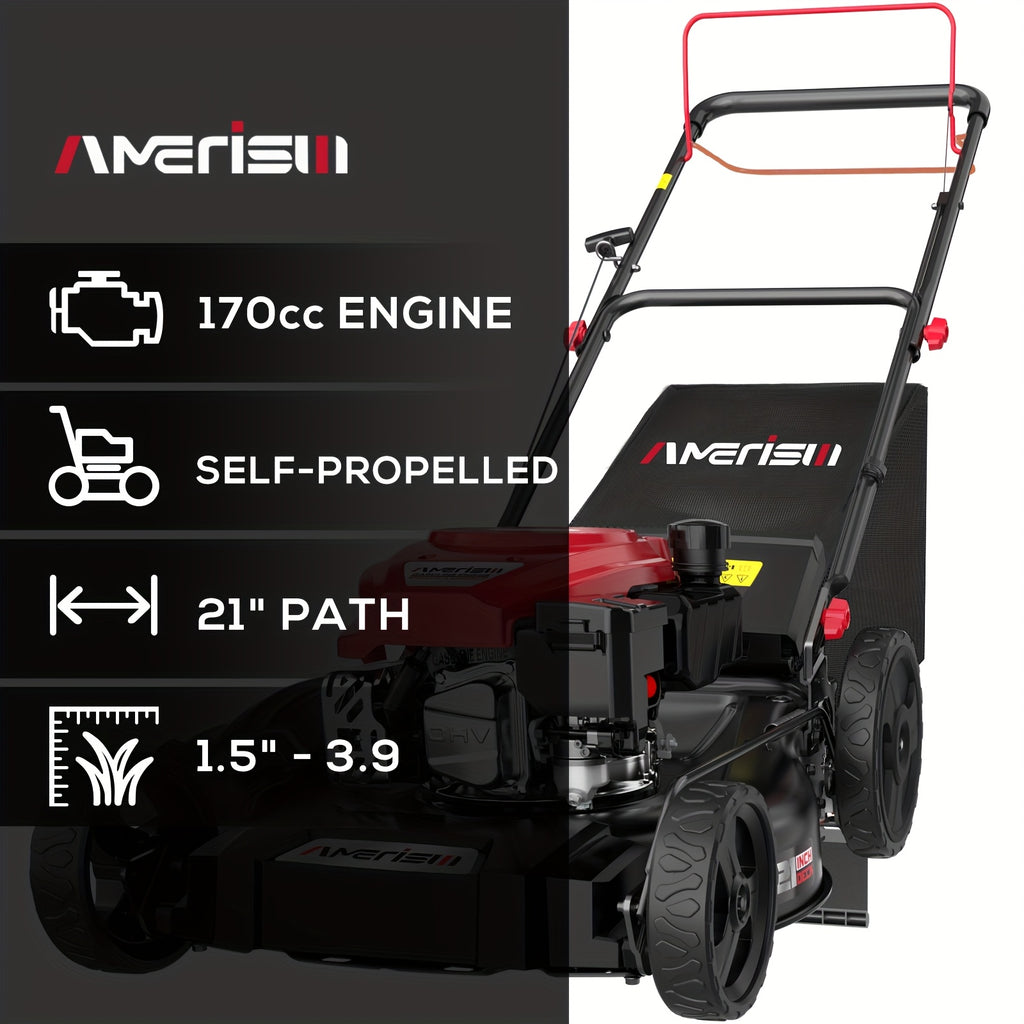 Self Propelled Gas Lawn Mower 21In. 170Cc, Gas Engine 3-In-1 Mulch, Bag, Side Discharge, 6-Position Height Adjustment, Lawn Mower, Self Propelled Lawn Mower, Lawn Care Equipment, Yard Maintenance, Adjustable Height Mower, Versatile Discharge
