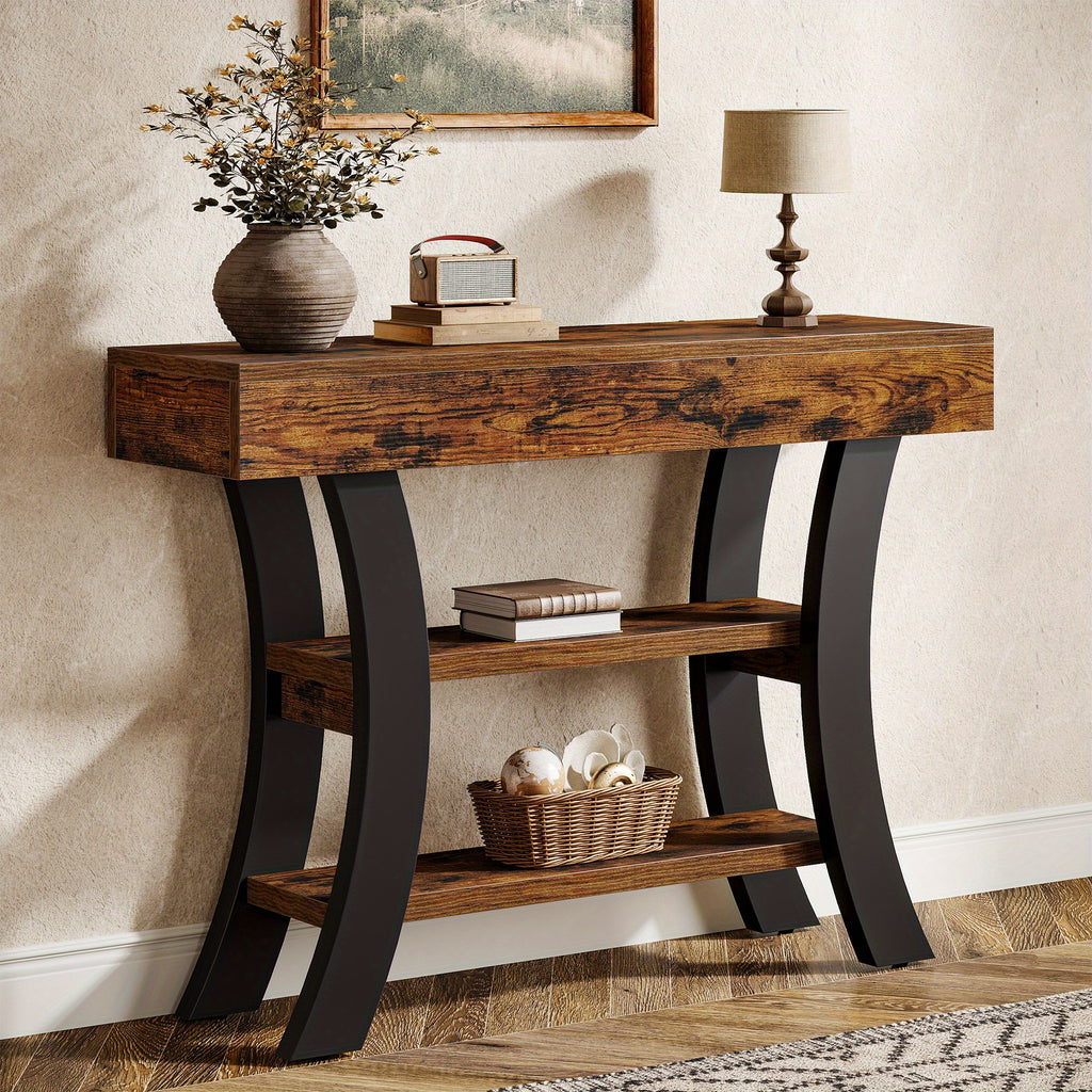 41" Rustic Brown 3-Tier Console Table with Curved Frame & Storage Shelves - Heavy-Duty Engineered Wood Construction, 3-Tier Design, Sturdy Base