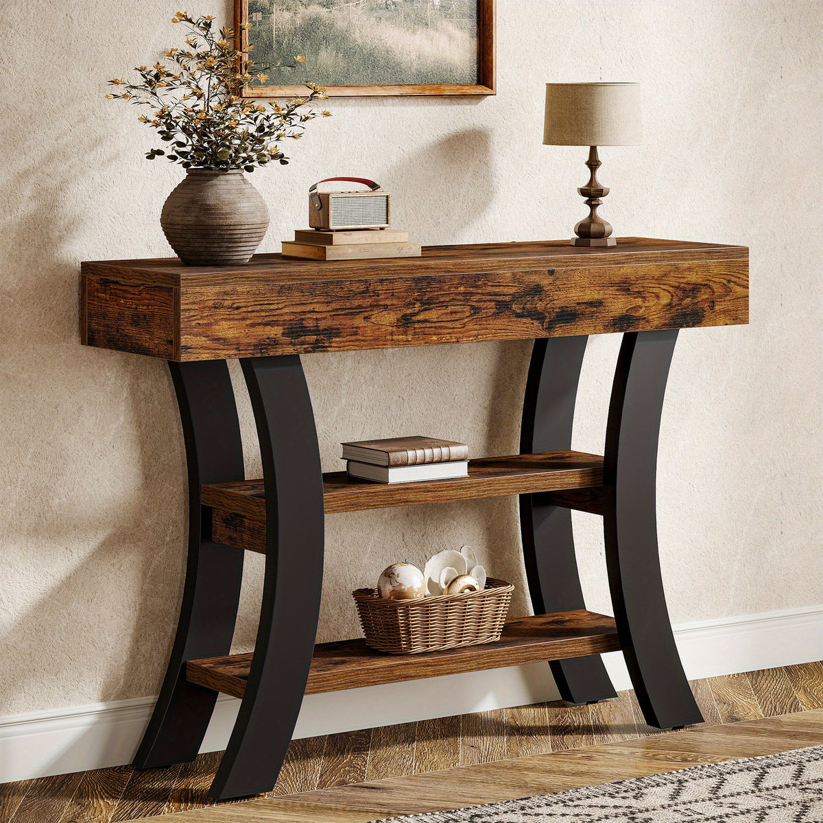 41" Rustic Brown 3-Tier Console Table with Curved Frame & Storage Shelves - Heavy-Duty Engineered Wood Construction, 3-Tier Design, Sturdy Base