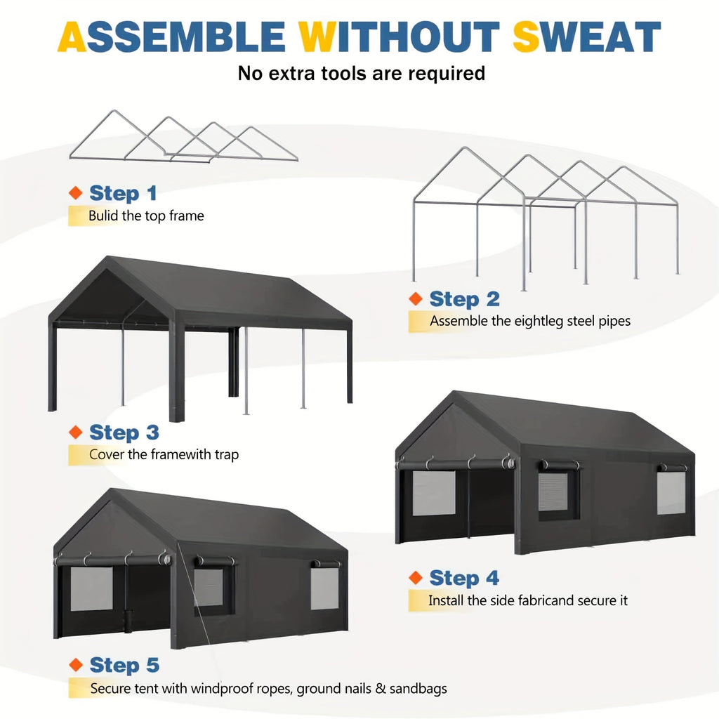 JAMFLY Sturdy Carport Featuring Roll-Up Ventilated Windows, Outdoor Canopy, Portable Garage Gazebo Equipped with Detachable Sidewalls & Doors for Vehicles, Truck, Boat, All-Season Tarp Car Canopy