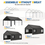 JAMFLY Sturdy Carport Featuring Roll-Up Ventilated Windows, Outdoor Canopy, Portable Garage Gazebo Equipped with Detachable Sidewalls & Doors for Vehicles, Truck, Boat, All-Season Tarp Car Canopy