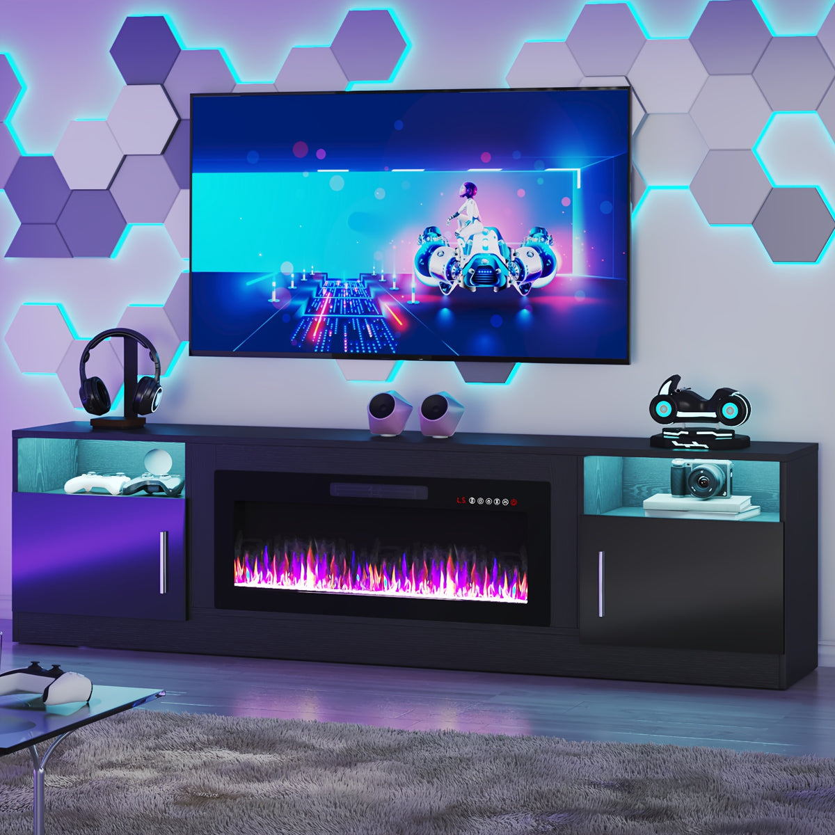 Fireplace TV Stand with 36" Fireplace, 80" TV Stand with LED Light for TVs Up to 85", Entertainment Center Console Table with Highlight Storage Cabinets