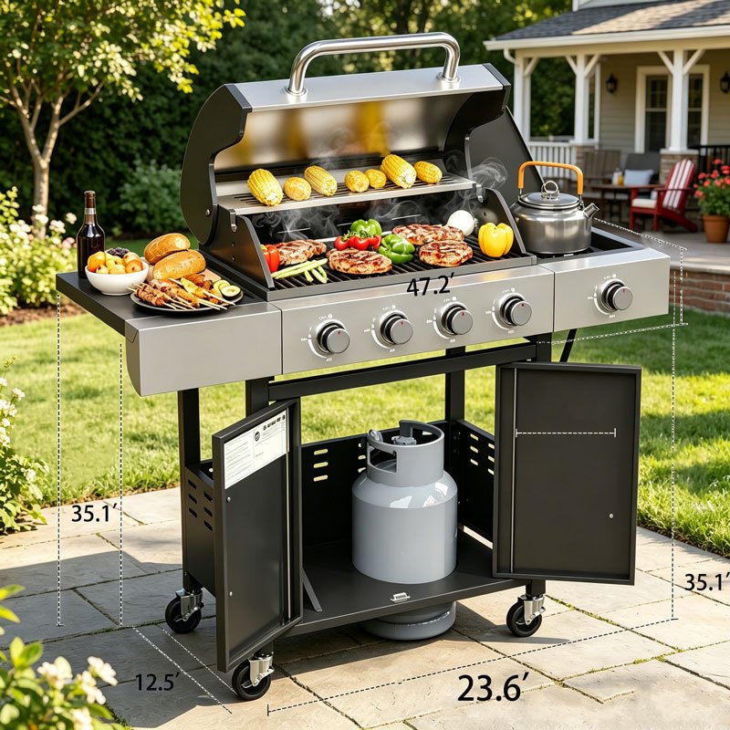 Upgraded 44000-49000 BTU 4-1 Burner Propane Gas Grill with Side Burner, Top thermometer, Outdoor BBQ Grill with Cast Iron Grates & Side Tables, 625 sq.in. Large Grilling Space for Summer Parties, Ideal for Backyard Patio & Camping, Black