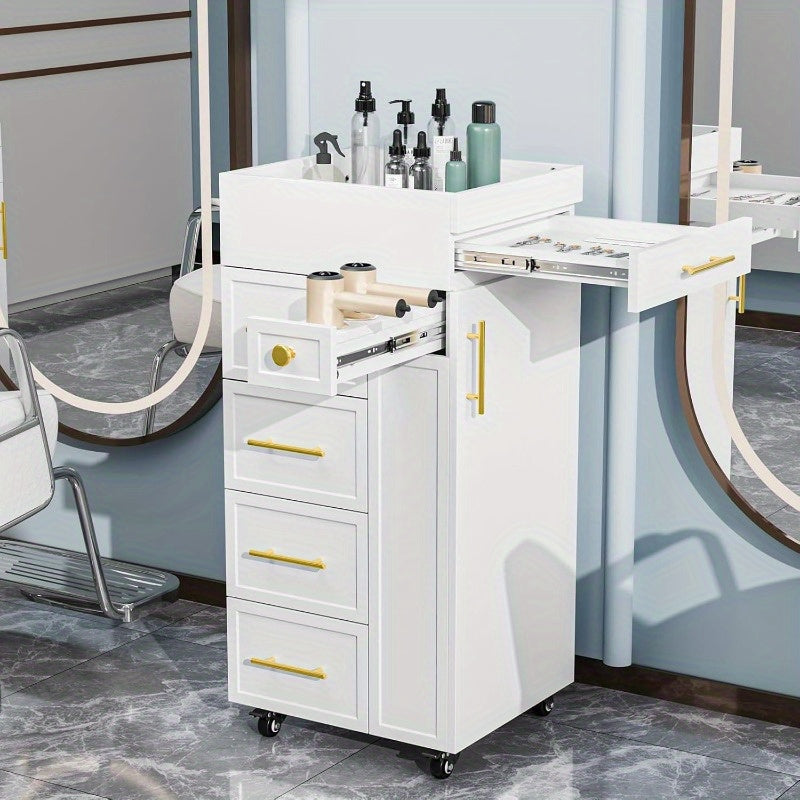 Heavy-Duty Salon Trolley Cart with 5 Drawers, 3 Tool Holders & Adjustable Shelf - Mobile Beauty Station with Locking Wheels, Large Top Surface - Sturdy Wooden Construction for Barber Shop, Salon, Spa, Home - Space-Saving Organizer Cabinet (White/Black) -