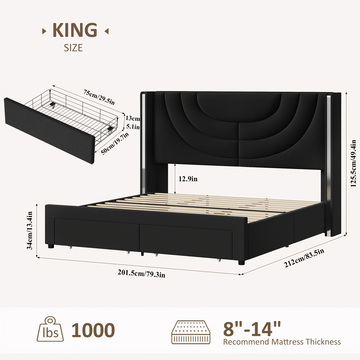 FULTRU Full/Queen/King Upholstered LED Bed Frame with 2 Storage Drawers, Velvet Platform Bed with Wingback Headboard, Solid Wooden Slats Support, No Box Spring Needed, Headboard Splicing Design, Halloween Home Decoration, Christmas Gifts