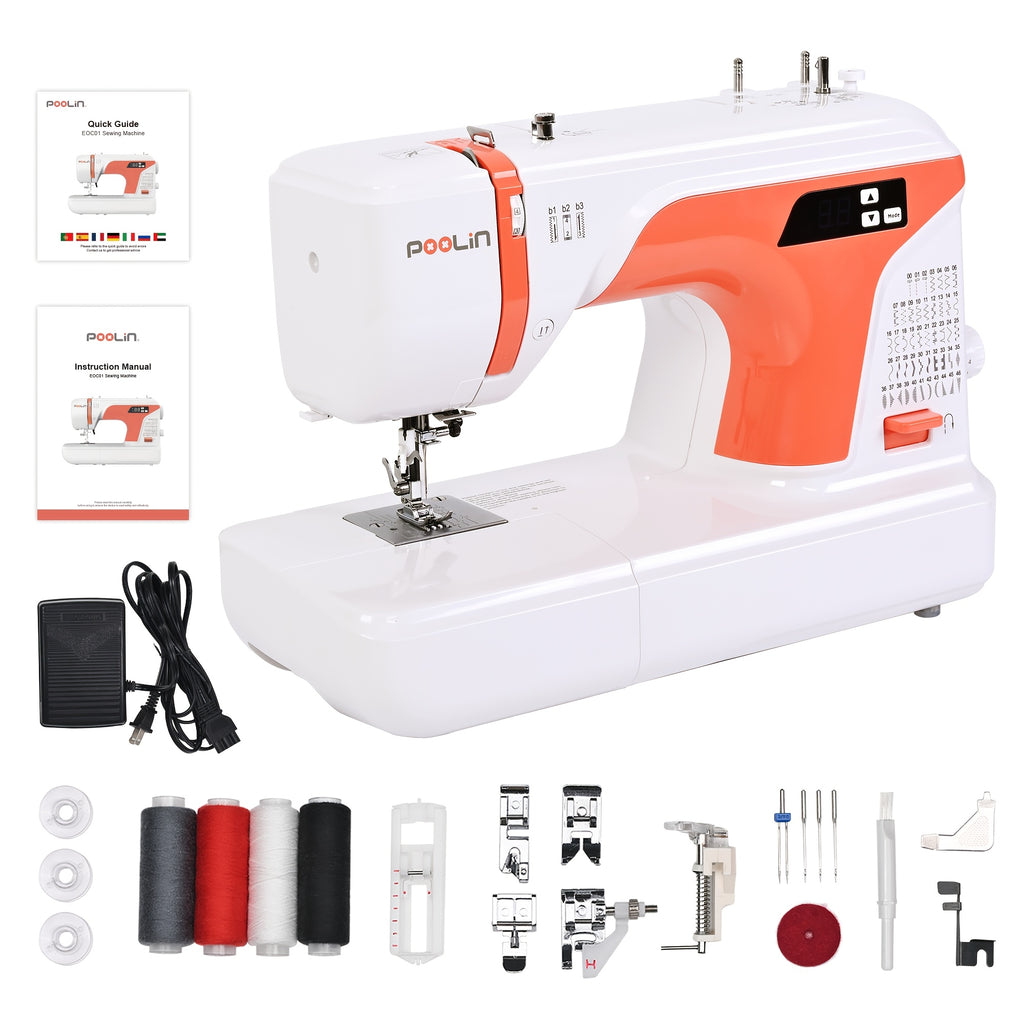 Poolin EOC01-RE Electronic Sewing Machine, Heavy Duty 100 Stitches, 6 Presser Feet, Reverse Stitching Come with Self-Threading And Twin Needles Sewing Supplies Kit Free Service DIY Craft Hobby for Home Business Use Craft Lover Gifts for Wedding