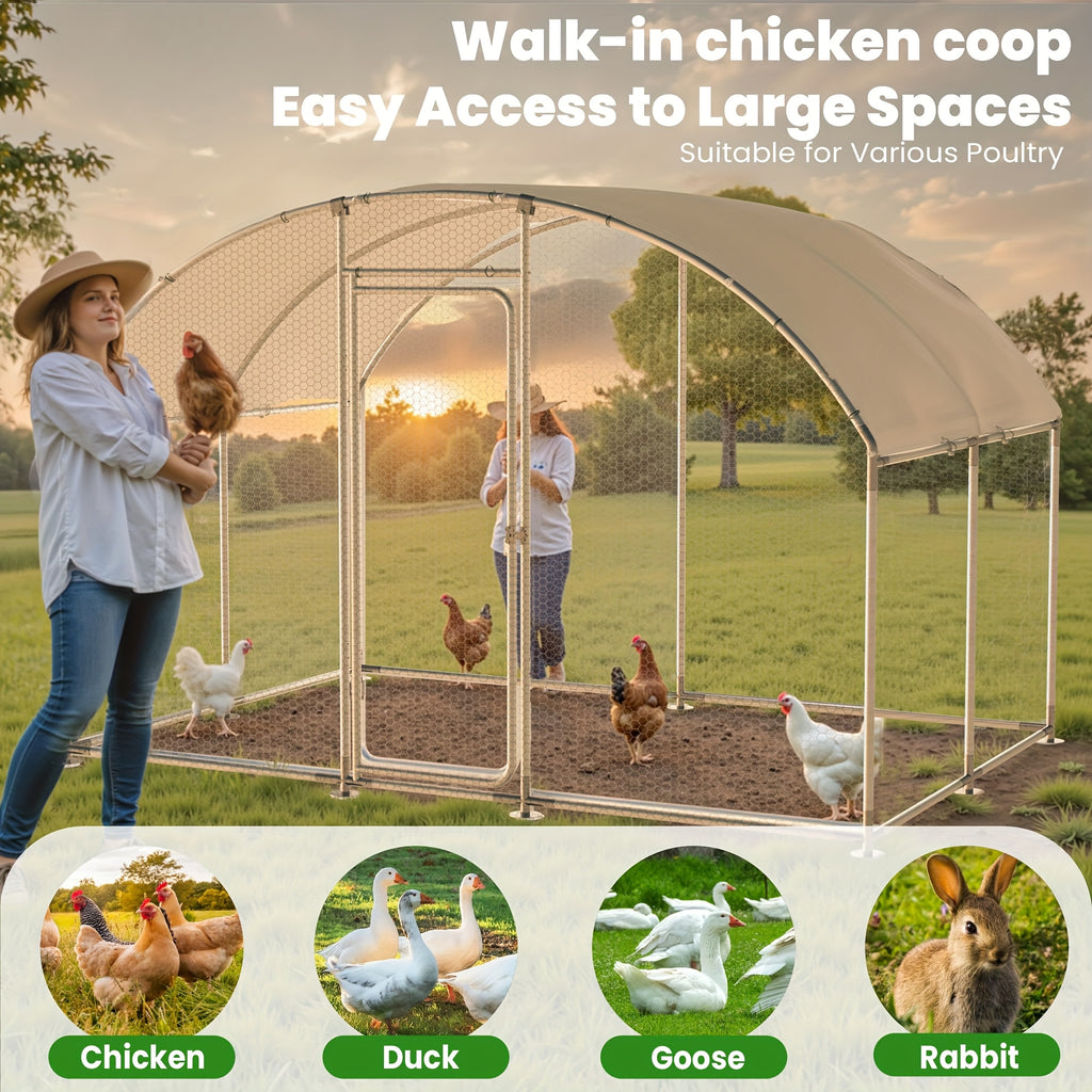 Large Metal Chicken Coops For 20 Chickens Runs For Yard With Waterproof Cover Walk-in Chicken Pen 10'Lx6.6'Wx6.6'H Outdoor Backyard Farm Use Round Roof Poultry Coop For Yard Garden With Waterproof Anti-UV Cover For Hens, Ducks, Rabbits