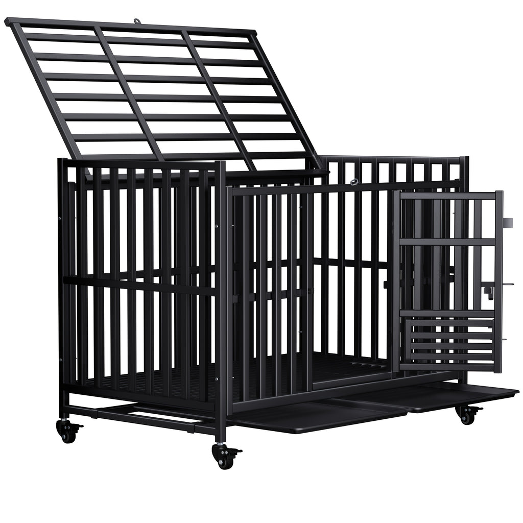 Extra Large Heavy Duty Dog Cage, 43.2 Inch - Indestructible Metal Kennel, Escape-Proof, with Lockable Wheels And Triple Doors, Ideal for High-Anxiety Pets, Indoor/Outdoor Use, High-Anxiety Pet Cage
