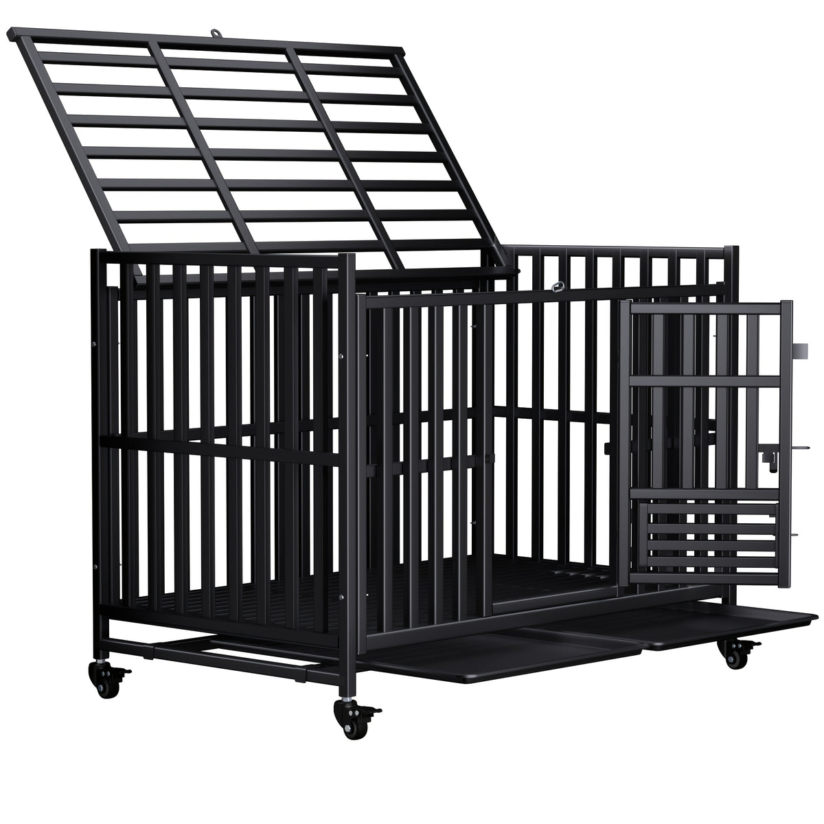 Extra Large Heavy Duty Dog Cage, 43.2 Inch - Indestructible Metal Kennel, Escape-Proof, with Lockable Wheels And Triple Doors, Ideal for High-Anxiety Pets, Indoor/Outdoor Use, High-Anxiety Pet Cage