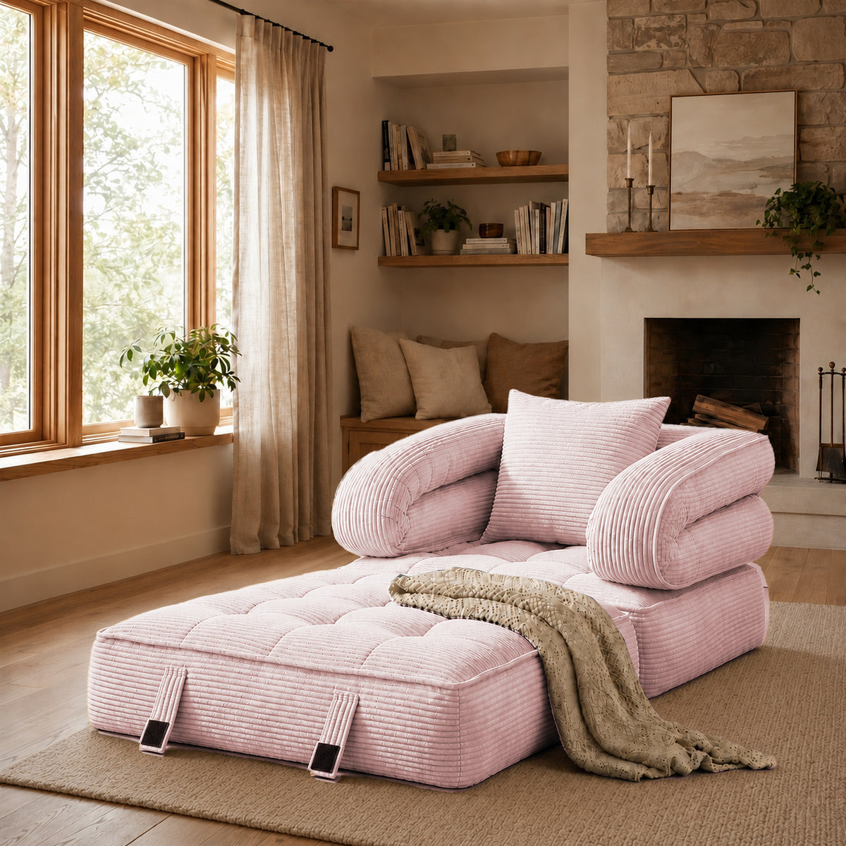 3-in-1 Convertible Folding Sofa Bed, Floor Futon Couch Cloud Shaped Corduroy Upholstered, High-Density Foam Ultra-Soft Comfy Lounge Bean Bag Chair, Versatile Pull-Out Sleeper for Living Room Guest