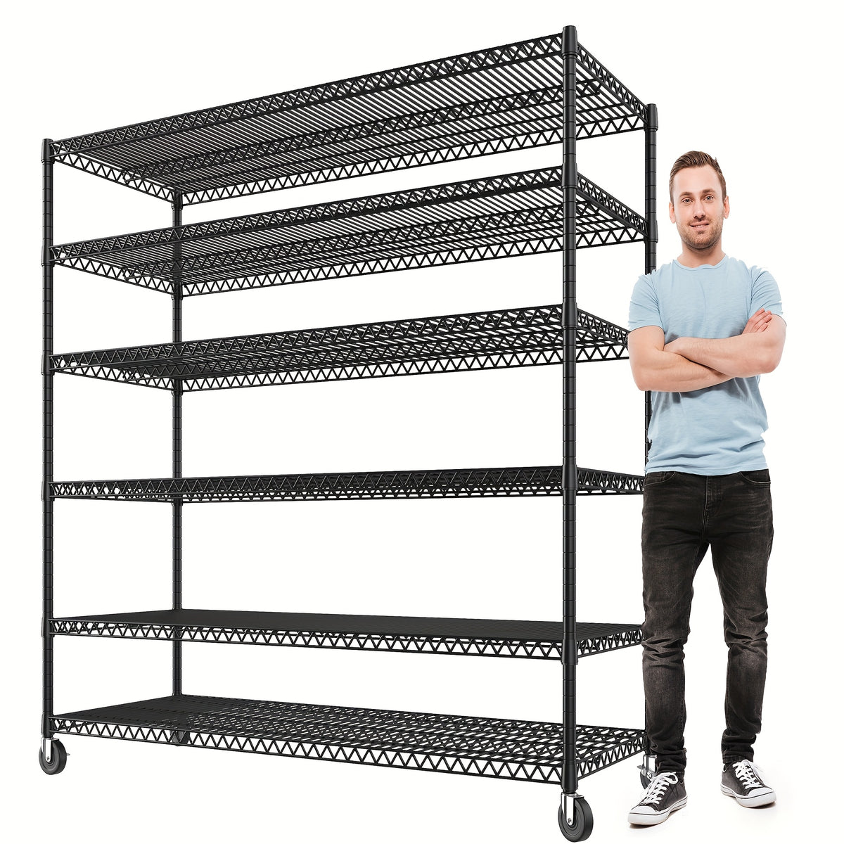 REIBII Storage Shelves 3200 LBS Capacity Wire Shelving with Wheels Heavy Duty Metal Shelf for Warehouses, Garage, Kitchens, School, Commercial Shelf, 73" H X 60" W X 18" D, Standing Shelf