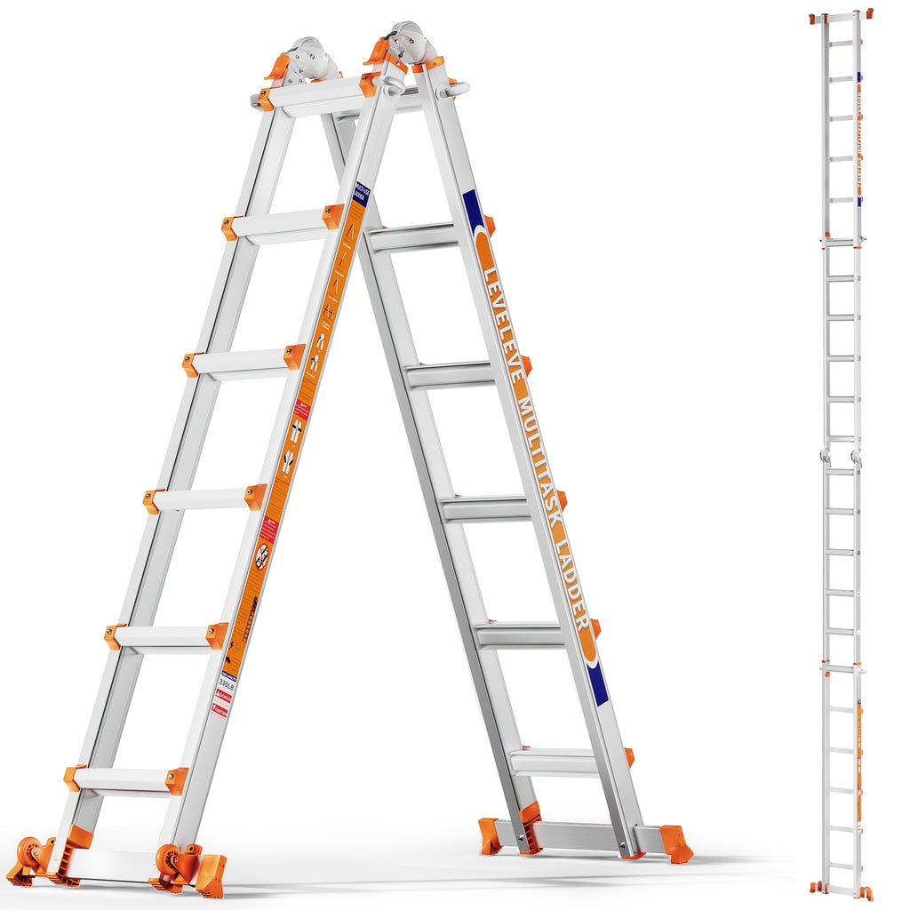 LEVELEVE 6-Step A Frame Step Ladder, Extension Ladder with Two Stabilizer Bars & Wheels, 330 Lbs Security Load Multi-Position Ladder for Stairs Home Indoor Outdoor Roof