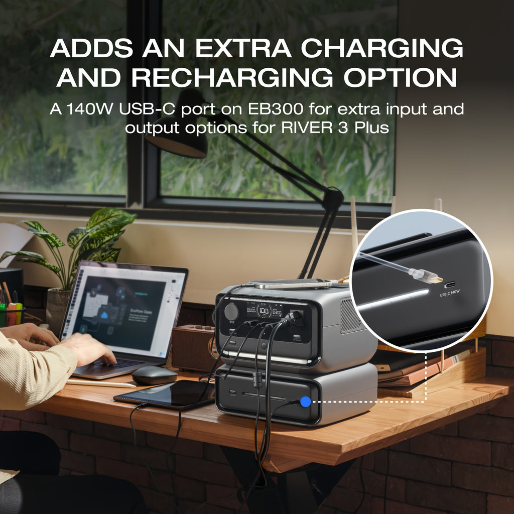 ECOFLOW Extra Battery EB300/EB600 (sku Optional) for River 3 Plus, 286Wh-554Wh -840Wh Expansion LiFePO4 Battery with 10-Year Lifespan, Built-in 140W USB-C Port for Charging/Discharging, Use Independently(Only Extra Battery)