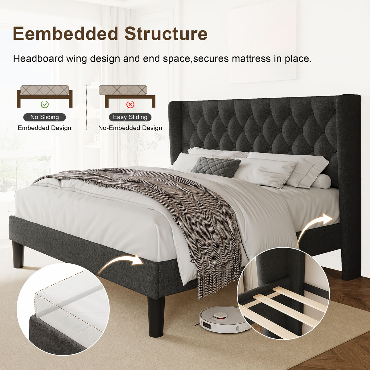 Valnase Modern Style Platform Bed Frame with 24"H Button Tufted Headboard, Solid Wood Slats Support, Artistic Legs Design - Dark Grey/Light Grey/Black Linen & White Velvet Options, Bed Frame for Home Bedroom