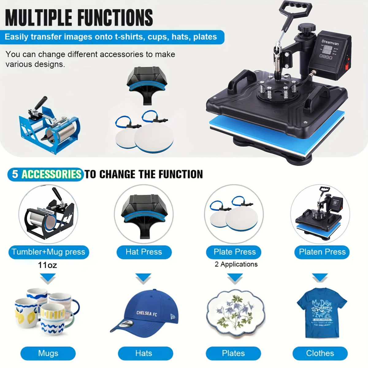 8in 1/ 5in 1 Heat Press Machine Multifunctional, 15"x12" T Shirt Press Machine, 360° Rotation Shirt Press Machine Sublimation Heat Transfer for T Shirts Mug Hat Platen
