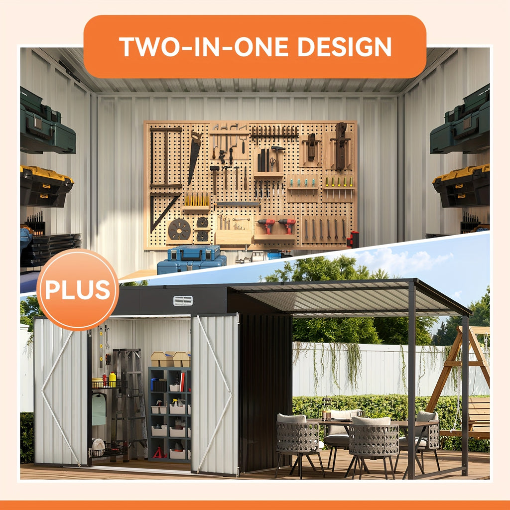 6x4/5x3/8x6ft Outdoor Storage Shed & Hardtop Gazebo Combo, 2-in-1 Outdoor Combo, Metal Lean to Shed with Open-Sided Pergola, Durable Garden Tool Shed for Patio, Backyard, Deck..