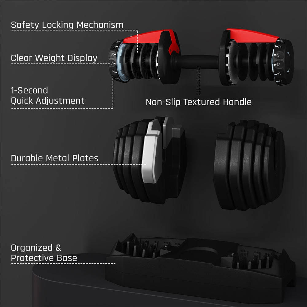 Costoffs 15-in-1 Quick-adjust Dumbbell, 1-sec Adjustable Weights From 5LBS To 52.5LBS, Space-saving Design For Home Gym, Black&Red