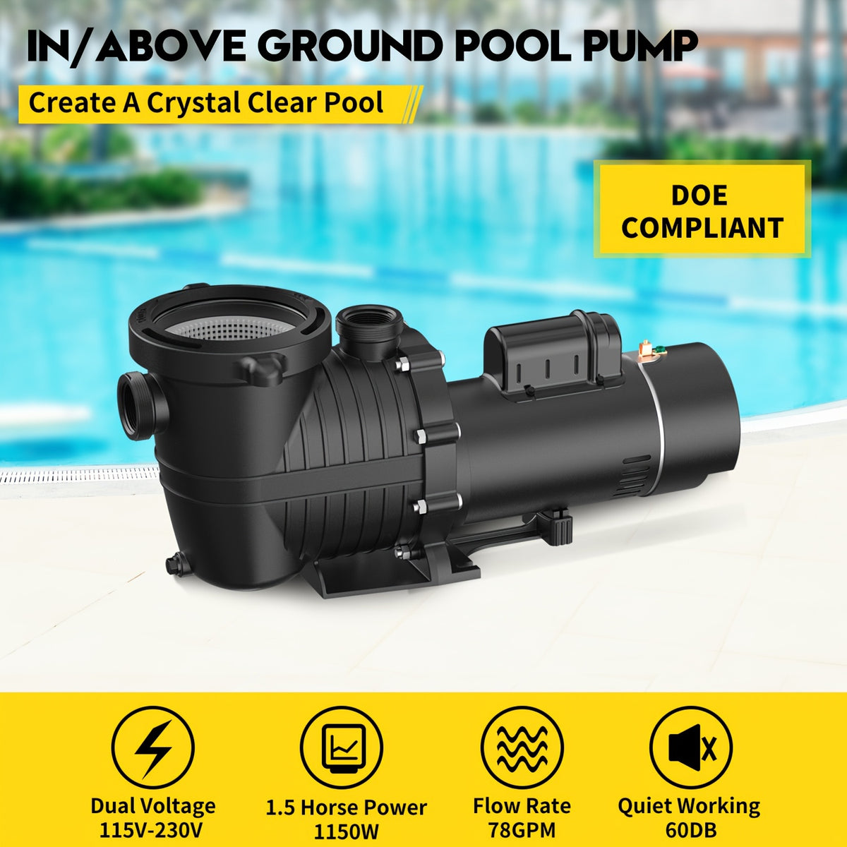 [Pool Pump 4500GPH] 1.5HP Dual Voltage/Dual Speed Pool Pump Inground, 4500GPH Flow, 42ft Head Lift, Self-Priming Water Pump for Inground/Above Ground/Seawater Pools And Hot Tubs, 115V Or 115V/230V 60Hz AC