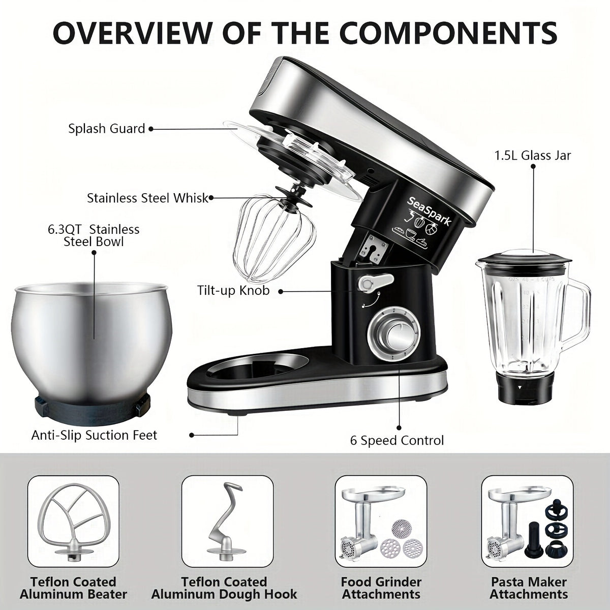 One Kitchen Electric Mixer, Featuring a 5-In-1 Design with Six Speed Settings And a Pulse Function, Comes with a 6.3QT Stainless Steel Bowl, Dough Hook, Mixing Attachment, Egg Whisk, And Spatula