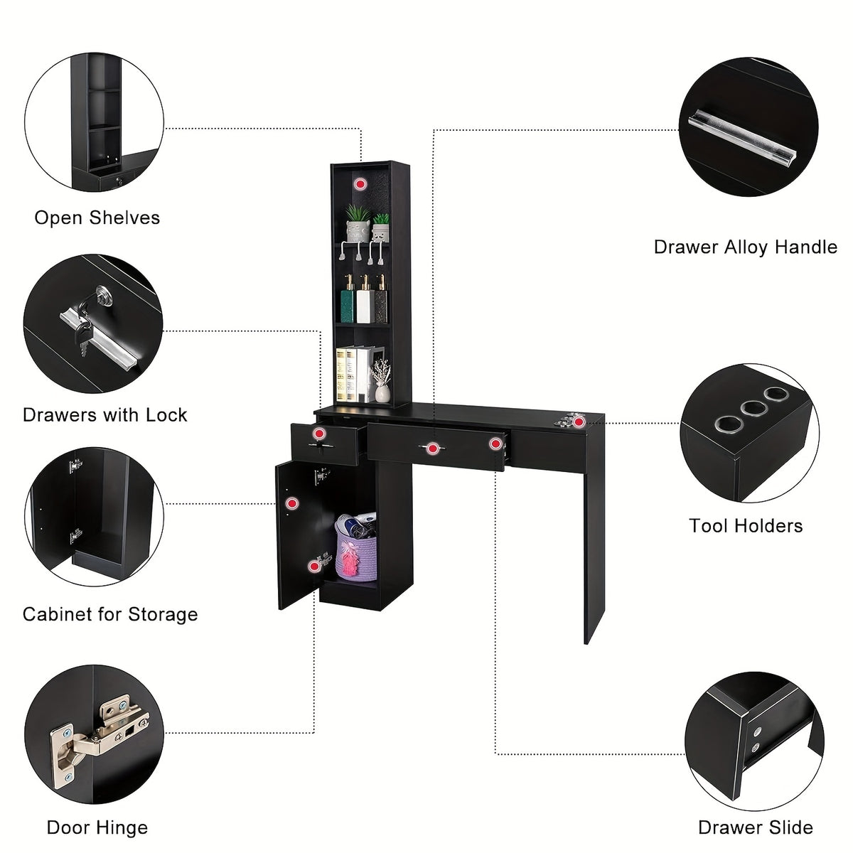 OmySalon Stations for Hair Stylist, Locking Barber Station Organizer, Wall Mount Hair Styling Equipment with 2 Drawers, 1 Storage Compartment, 3 Open Shelves, for Beauty Spa Bedroom Hairdresser, Black/Black&Red/White