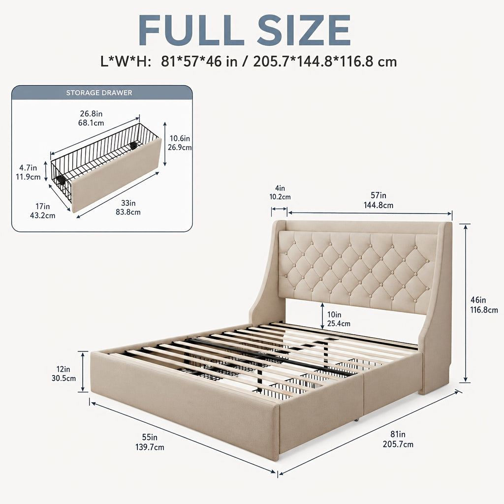 Bed Frame with Charging Station, Linen Fabric Storage Headboard, Storage Drawers on Both Sides, Solid Wood Slats Support