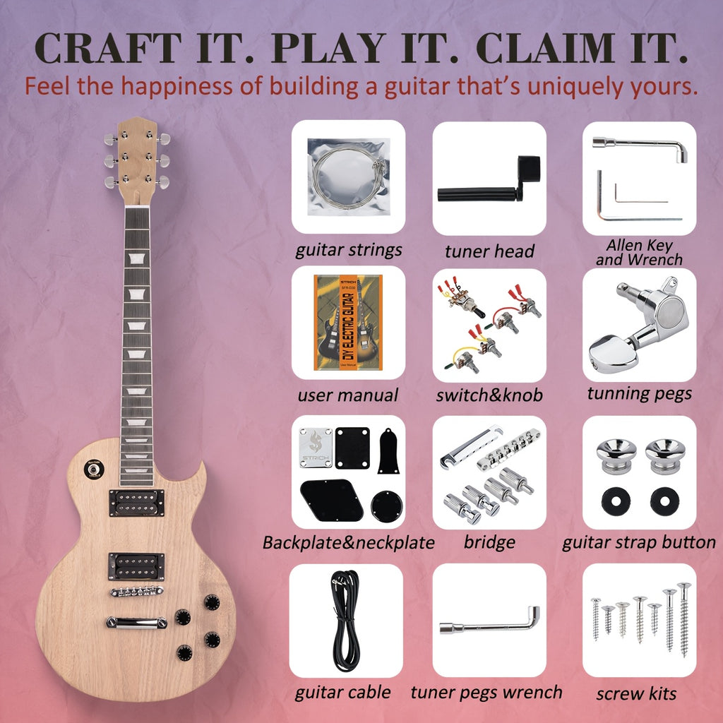 STRICH DIY Electric Guitar Kit, Mahogany Body with Maple Neck, HH Pickups Pre-Drilled & Wired, Complete Hardware Pack, Build-Your-Own in One Box