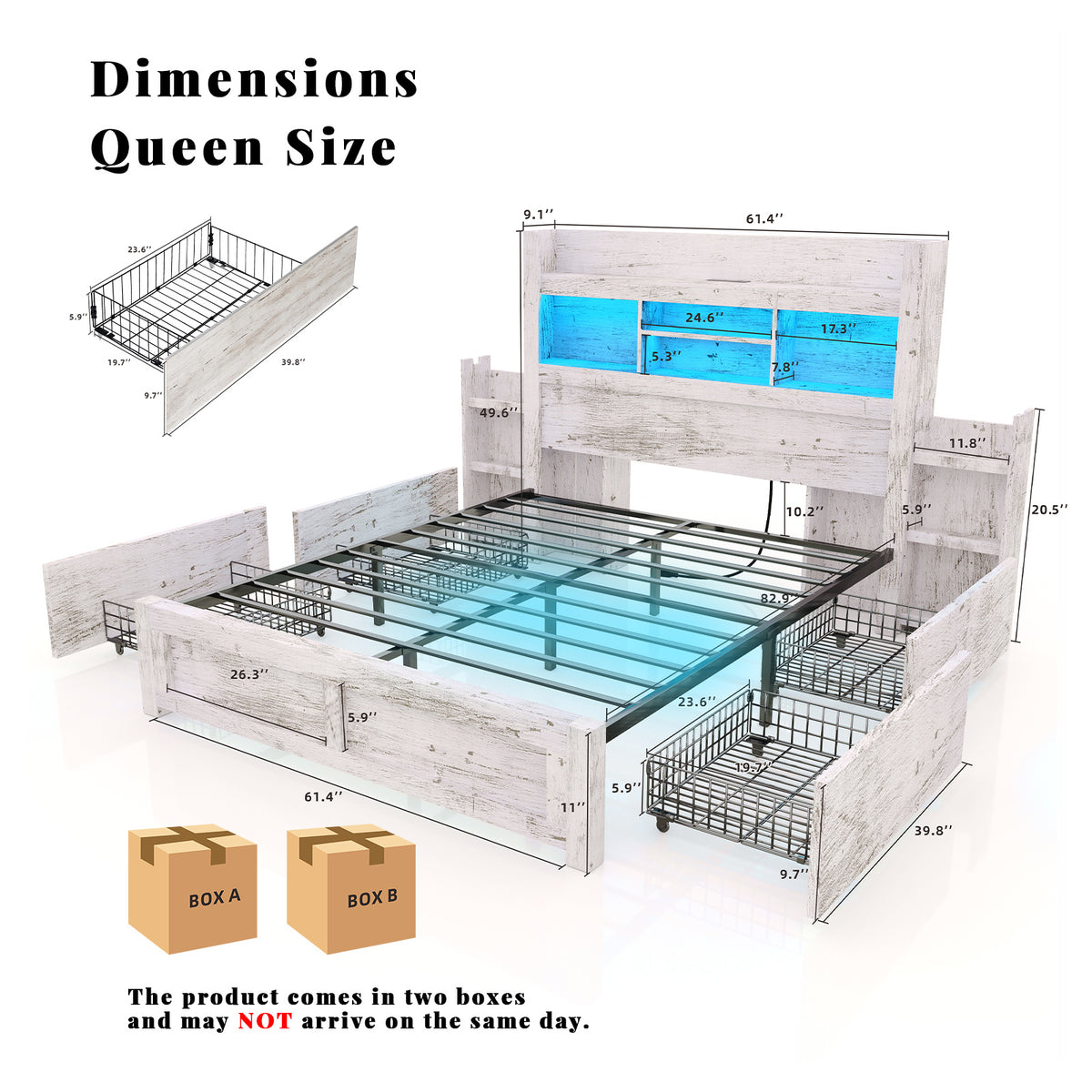 PAPABABE Bed Frame With 49.6 Inch Bookcase Headboard, 4 Drawers And 2 Detachable Storage Racks - Farmhouse Wood Bed Frame With RGB LED Lights And Charging Station, No Box Spring Needed