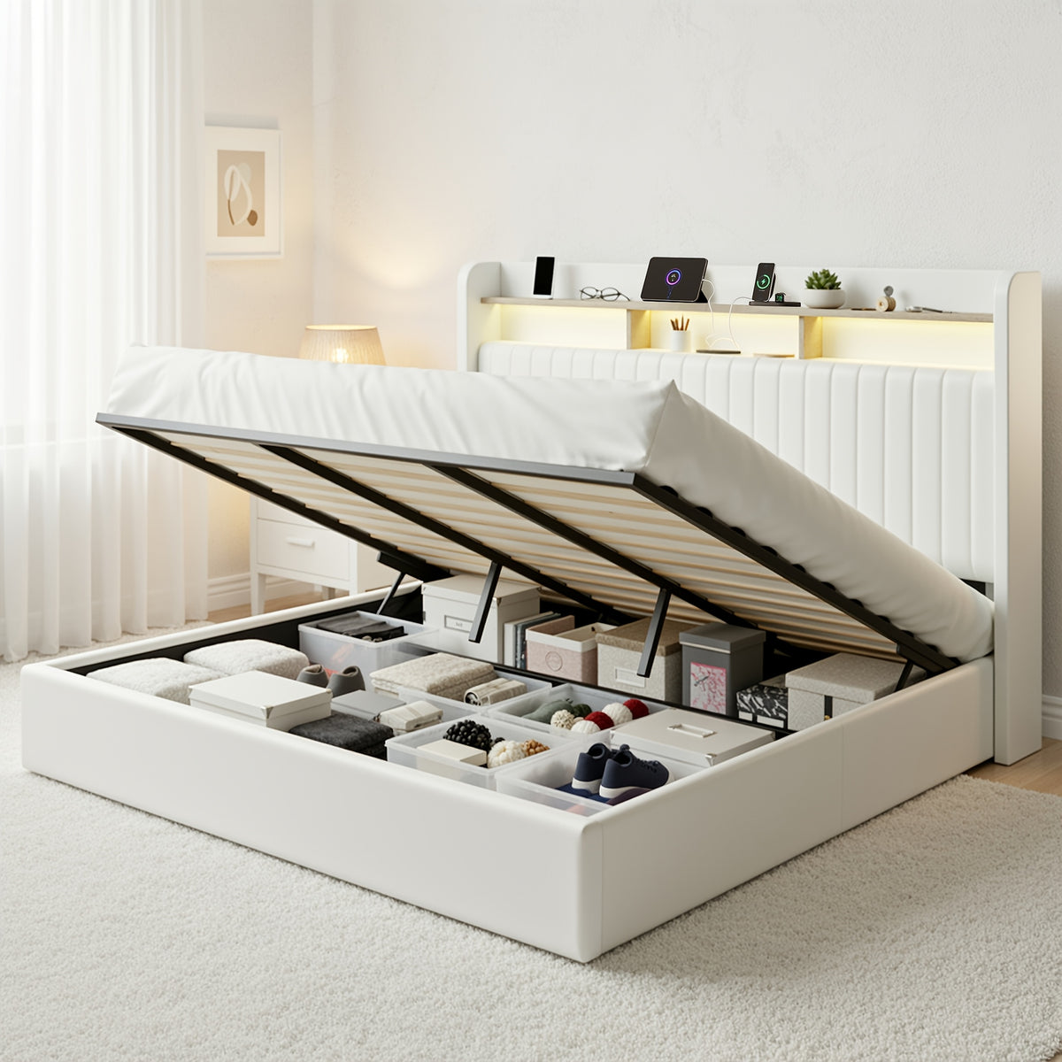 WEEWAY Lift Up Storage Bed Frame, Velvet Vertical Channel Headboard, LED Light And Charging Station, Hydraulic Support, Noise-Free Wooden Slats, No Box Spring Needed, Bedroom Furniture, Masterroom, Guestroom, White, Black, Cream, Grey, Free Shipping