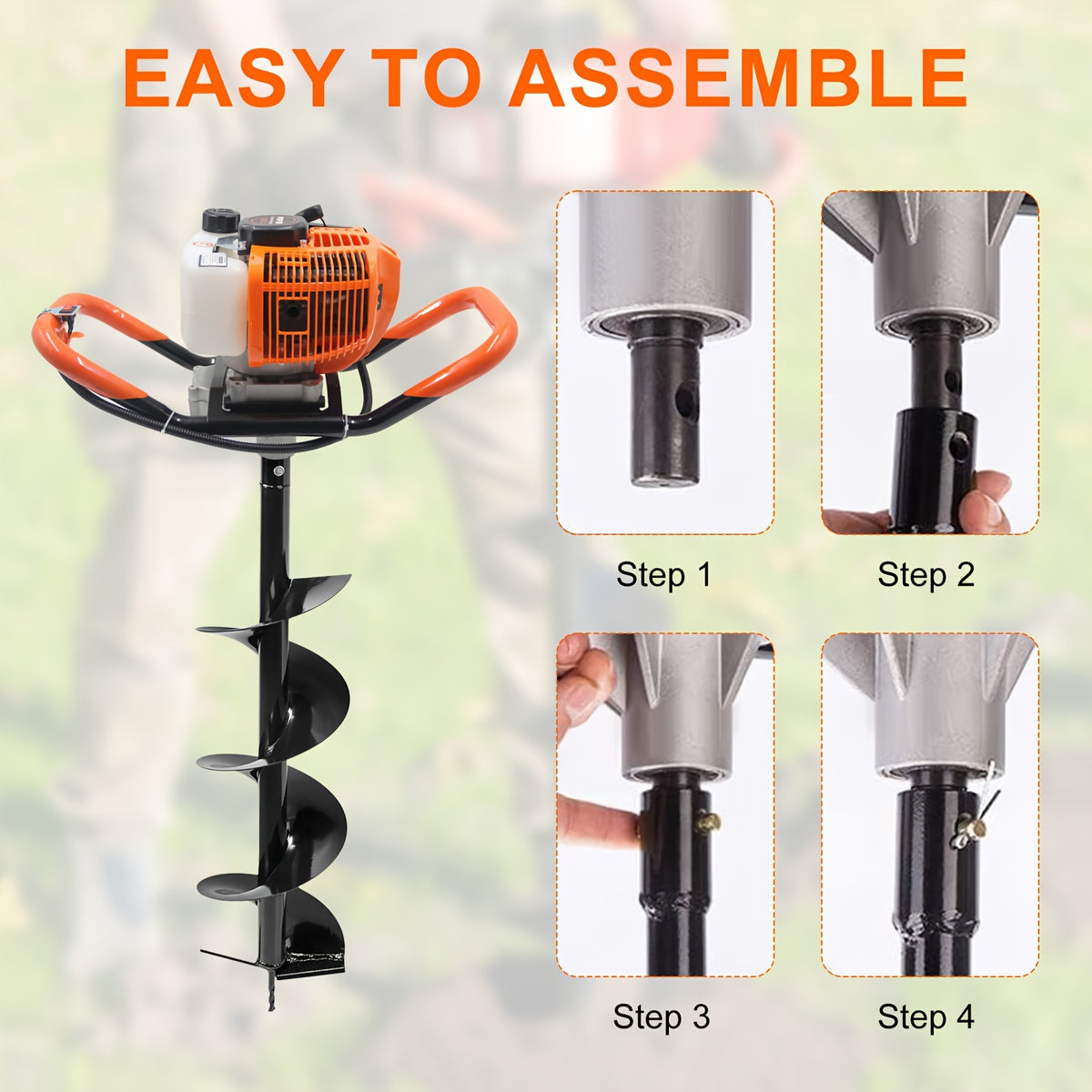 62CC Auger Post Hole Digger, a Gas-Powered Earth Post Hole Digger with 2 Auger Drill Bits (6" & 8") And 1 Extension Rod for Farming And Gardening, in Orange Color (62CC)