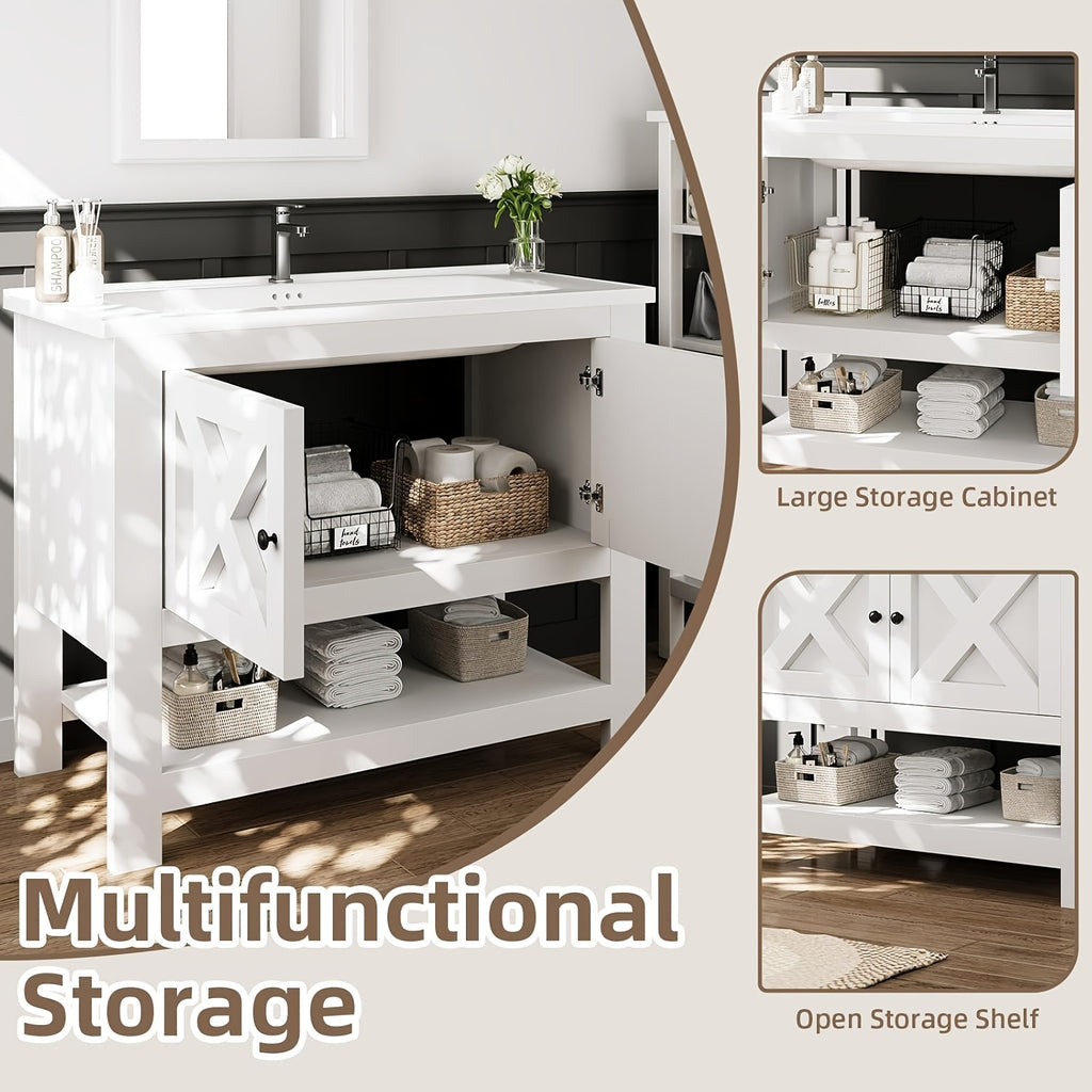 [Bathroom Vanity Cabinet] 4 Ever Winner 35-Inch Bathroom Vanity Cabinet With 2 Doors And Open Shelf, Country Style Bathroom Vanity With Sink, Black/White