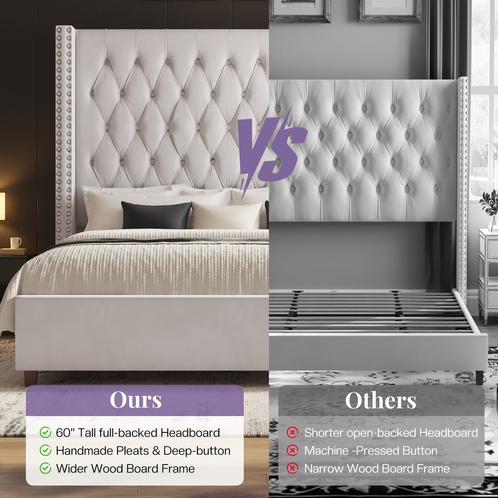 LUXOAK 60 Inch Tall Velvet Bed Frame With Tufted Wingback Headboard, Solid Wood Legs And Slat Support, No Box Spring Needed