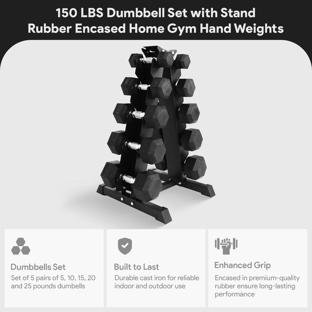 BalanceFrom Dumbbell Set with Stand, 5 Pair Rubber Encased Hand Weights, Home Gym Fitness Equipment, 150 Lb, Black