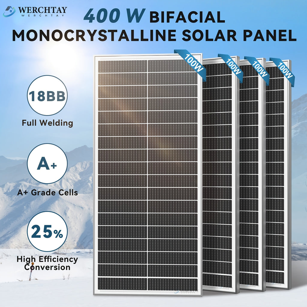 Werchtay 400W Solar Panels, 4×100W 25.5% High-Efficiency Monocrystalline Solar Panel, Waterproof PV Module for RV, Marine, Rooftop, Farm Battery, and Other Off-Grid Applications (4*100W) - Summer Early Bird Special