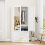71 Inch Metal Wardrobe with Mirror, 2 Drawers, Adjustable Shelves And Hangers, Clothing Storage Cabinet for Bedroom