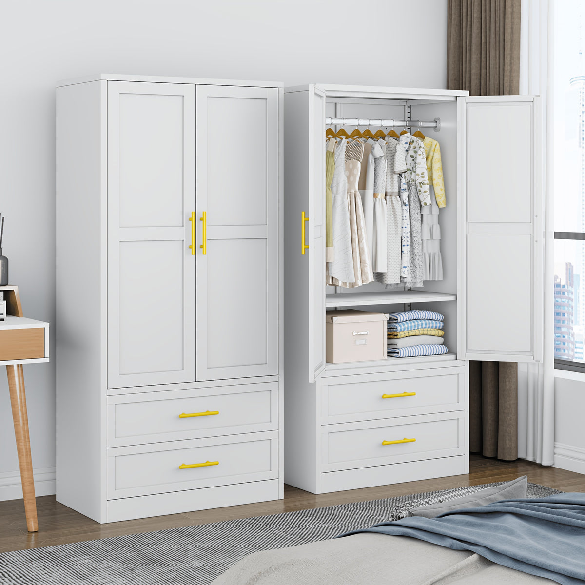 Mxa 71.39 "H metal storage cabinet with armrests, 2 drawers, adjustable shelves, clothesline, and home wardrobe