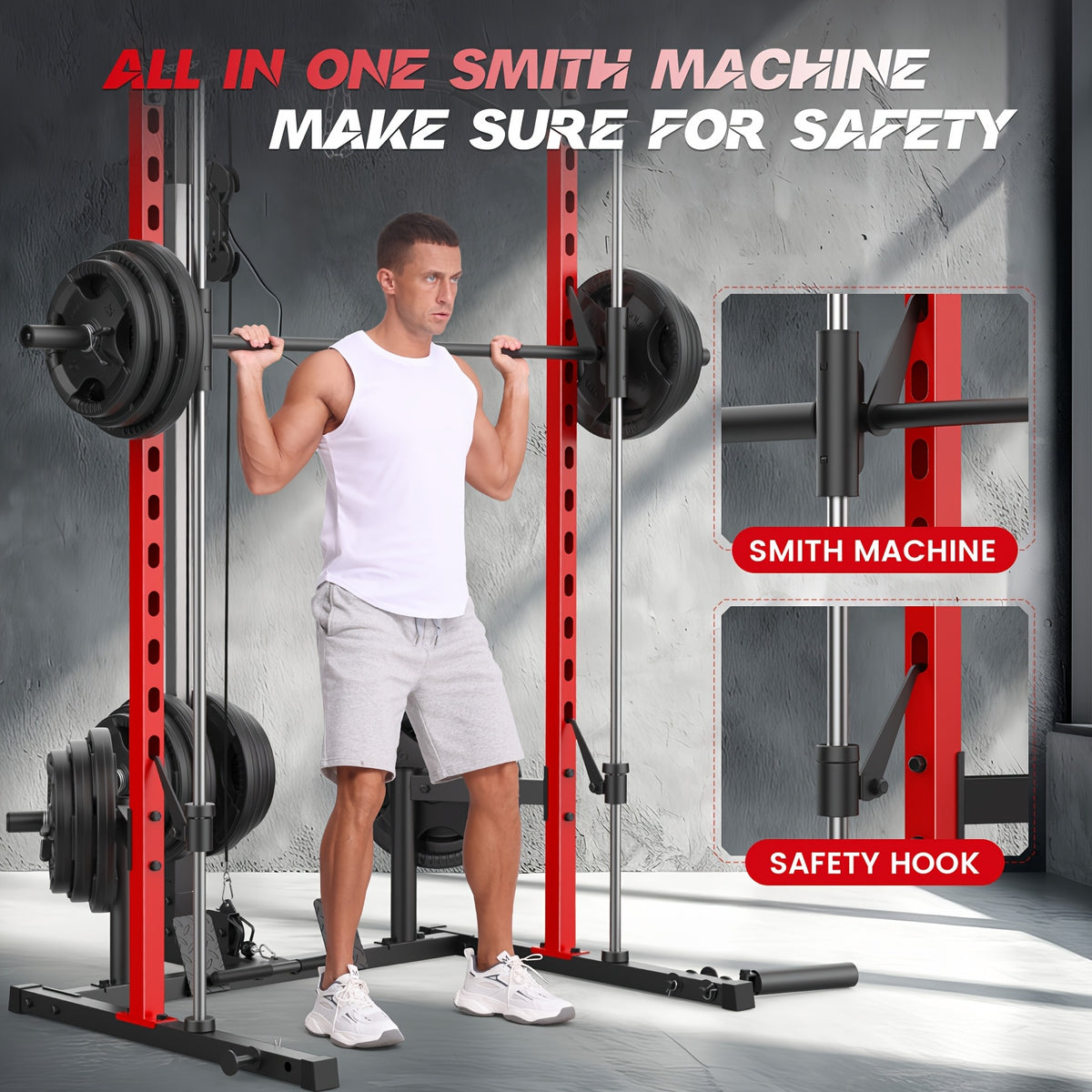 Likein Smith Machine Power Rack with LAT-Pull Down System & Cable Machine, Multi-Function Power Cage with Landmine, Barbell Bar, Plate Storage Pegs And More Training Attachment Squat Rack